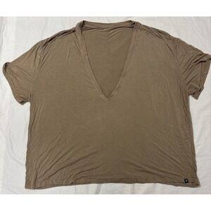 Popflex Womens Deep V-Neck Slouchy Boxy T-Shirt Brown Short Sleeve Relaxed Fit L